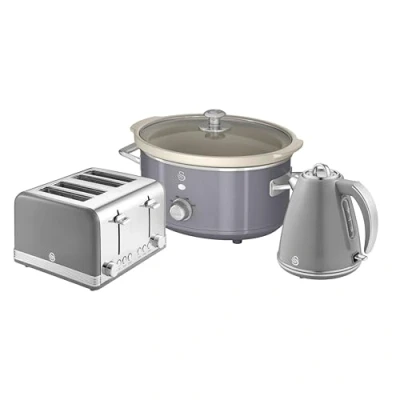 Image of Swan Retro Kitchen Set, 1.5L Fast Boil Kettle &amp; 4 Slice Toaster 3.5L Slow Cooker, Grey, SK19020GRN, ST19020GRN, SF17021GRN