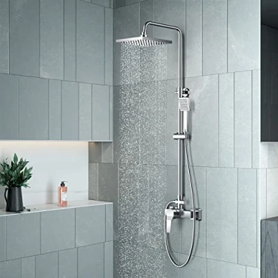 Image of Shower Set with Fitting, System Single Lever Mixer Adjustable Rail and Square Head, Rain Silver