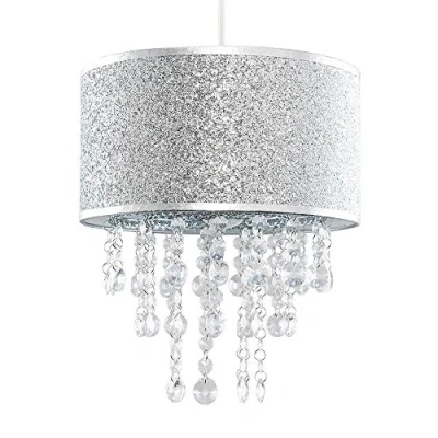 Image of MiniSun Modern Silver Glitter Cylinder Ceiling Pendant Light Shade with Clear Acrylic Jewel Droplets Complete a 10w LED GLS Bulb [3000K Warm White]