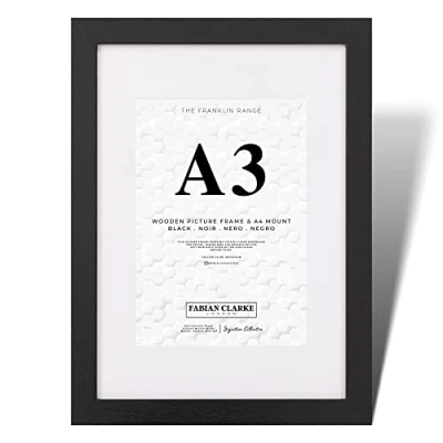 Image of Fabian Clarke London® A3 Modern Black Wooden Picture Photo Frame with A4 White Mount to Hang Portrait or Landscape