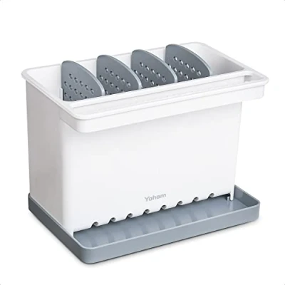 Image of YOHOM Kitchen Sink Tidy Caddy 3 in 1 Brush Holder Washing up Sponge Dish Cloth Organizer for Countertop Plastic Cleaning with Divider