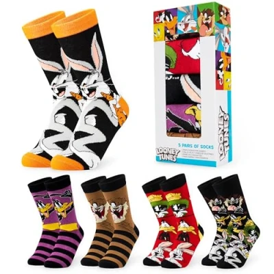 Image of LOONEY TUNES Mens Socks Pack of 5 Crew for Men Teenagers Soft Breathable Work Sports Casual Size 6 10 Gifts (Black/Multi, 6.5/10.5 UK)
