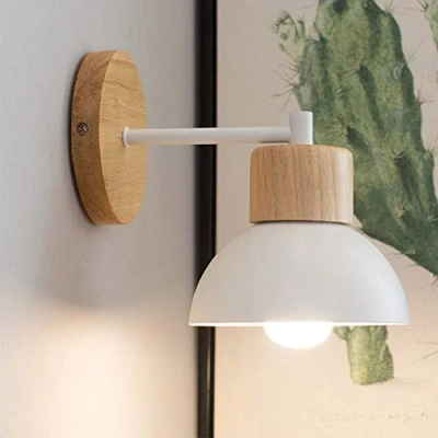 Image of Mengjay Wooden Wall Lights Modern E27 Base Sconce Lamp Contemporary Lighting Fixtures White Metal Shade for Living Room Bedroom Kitchen Dining