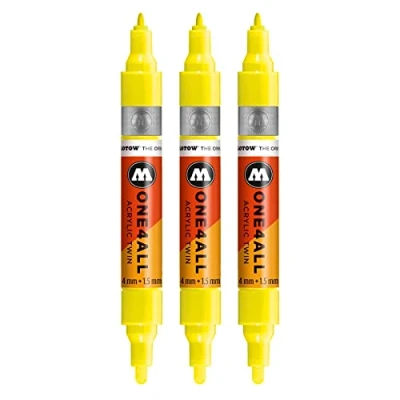 Image of Molotow One4All Acrylic Twin Markers (Line Width 1.5 mm and 4 mm, High Coverage Permanent) Pack of 3 Colour 220 Neon Yellow Fluorescent