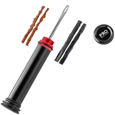 Image of Tubeless Bike Tire Repair Kit Handlebar Insert for MTB and Road Bicycle Tires Fix a Puncture or Flat, Fast Tackle Set Includes Storage Canister Plugger Tool &amp; Plugs 2 Bacon Black Strips
