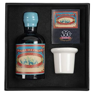 Image of Jacques Herbin Ref 27938T 100ml Bottle of &#039;Special 350 Years&#039; Ink with Inkwell Box &amp; Porcelain Vert Réséda / Green Reseda Coloured