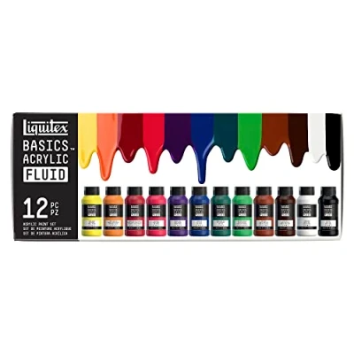 Image of Liquitex 3699431 Basics Fluid Acrylic Paint Set with Flowing Consistency, Quick Drying, Lightfast, Waterproof, Water based, 12 Colour of 118 ml Bottles