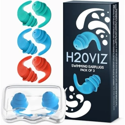 Image of H20VIZ Pro Swim Ear Plugs 3 Pairs Waterproof, Reusable Silicone Earplugs for Swimming, Surfing, Snorkeling &amp; All Water Sports (Green, Blue, Coral, Pairs)
