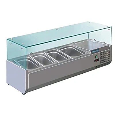 Image of Polar Refrigeration G Series 150W Countertop Food Prep Fridge with Glass Surround, Stainless Steel, 2C to 8C, 435(H)x1200(W)x395(D)mm, Capacity: 3x 1/3 &amp; 1x 1/2 GN Pans (Sold Separately) GD875