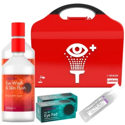 Image of I Wash Chemical Splash &amp; First Aid Kit Station, Two Sterile 500ml Phosphate Buffer Bottles, Eye Pads and 20ml Eyewash Pods, Bright Stand Out Wall Mounted Box Made of 100% Recycled Plastic