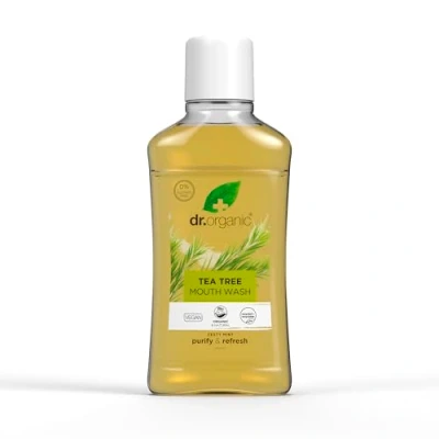 Image of Dr Organic Tea Tree Mouthwash, Alcohol Free, Fluoride Refreshing, Natural, Vegan, Cruelty Paraben &amp; SLS Organic, 500ml, Packaging may vary