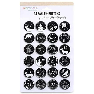 Image of Papierdrachen 24 Advent Calendar Number Buttons 35 mm Lapel Pins for Decorating Calendars with Numbers from 1 Black and White Ideal Fabric Bags, Bags