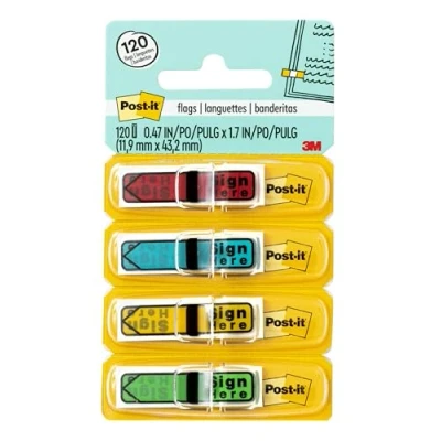 Image of Post it Message Flags, Sign Here, Assorted Colors, Bold Arrow Points Precisely Where You Need a Document Signed, 47 in. Wide, 30/Dispenser, 4 Dispensers/Pack, (684 SH)