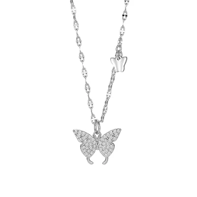 Image of Cubahop Double Layer Butterfly Pendant Rhinestone Choker Necklaces Collar Necklace Chain Jewelry for Women and Girls (Silver)