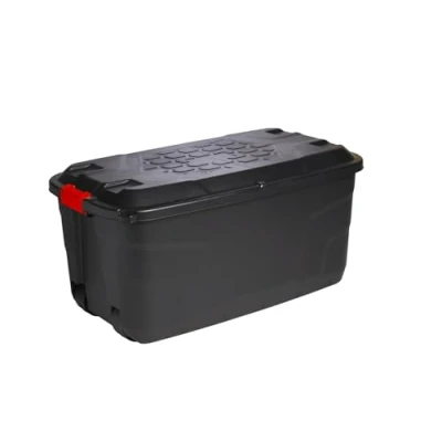 Image of Strata Heavy Duty Large Storage Box with Lid, 145L, Lockable box, Indoor and Outdoor Storage, Wheels, Black Red Handles
