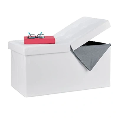 Image of Relaxdays Folding Storage Bench, Faux Leather, Hinged Lid, Hallway Chest, Bedroom Stand, White, MDF boards, foam, PVC, One Item 10028707_49