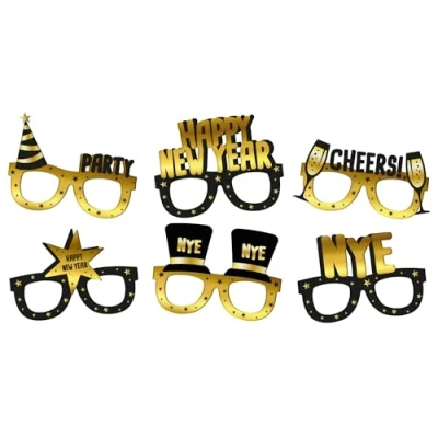 Image of Folat 63765 Paper Glasses BlackGold HNY 6 Pieces New Year&#039;s Eve Decorations Happy Year Party Supplies, Year, Multicoloured