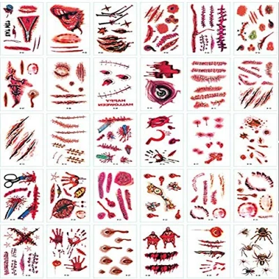 Image of Halloween Scars Temporary Tattoos, 30 Sheets Fake Bloody Wound Scar Realistic Tattoo Sticker for Costume Zombie Party Supplies Cosplay Props