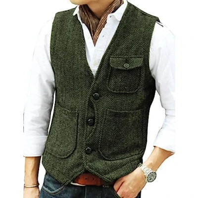 Image of Solovedress Mens Vintage Wool 3 Real Pockets Suit Vest V Neck Tweed Waistcoat for Wedding Groomsmen(Army Green,XXL)