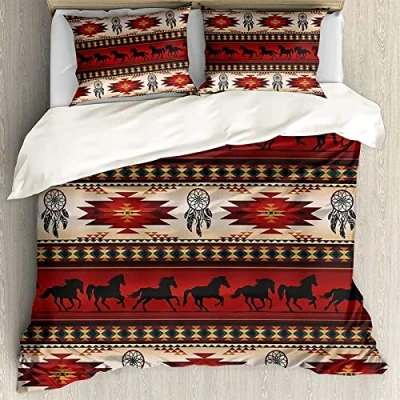 Image of Southwestern Dark Horse Dream Catching Net Bedding Sets 3 Piece Duvet Cover Breathable Quilt with 2 Pillowslips for Guest Room School Dormitory Lining 230x220cm