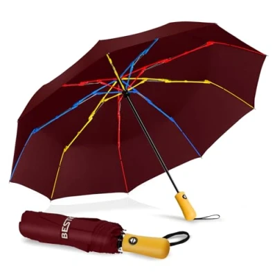 Image of BESTKEE Windproof Travel Folding Umbrella Automatic, Large Rain Compact Portable Fast Drying with Auto Open/Close Button, Non Slip Handle (Red)