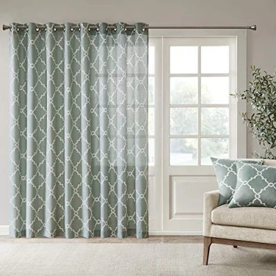 Image of Madison Park Saratoga Single Window Curtain Light Filtering Fretwork Print 1 Panel Grommet Top Drape for Living Room Bedroom and Dorm, 100x84, Seafoam