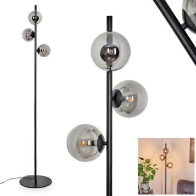 Image of hofstein Remaisnil Floor Lamp, Modern Lamp Made of Metal/Glass in Black/Smoked Glass, with Glass Shades (Diameter 12 cm), Foot Switch on Cable, 3 x G9, Bulbs Not Included