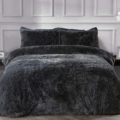 Image of Sleepdown Fleece Luxury Long Pile Faux Fur Charcoal Grey Super Soft Easy Care Duvet Cover Quilt Bedding Set with Pillowcases Double (200cm x 200cm) 5056242754602