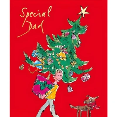 Image of Dad Christmas Card Special Quentin Blake Illustration Tree and Dog Artistic Design Finish Made in the UK Eco Friendly