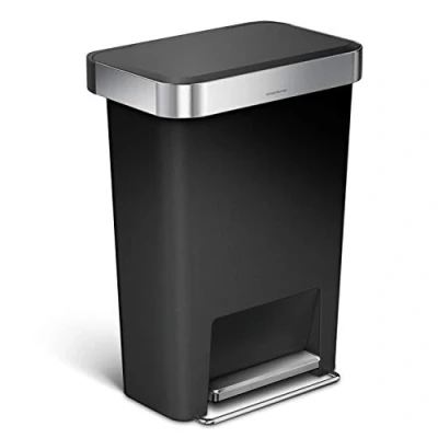 Image of simplehuman CW1385CB 45L Rectangular Kitchen Pedal Bin with Liner Pocket, Silent Soft Close Lid, Strong Wide Steel Pedal, Stabiliser Bar, Internal Hinge, Black Plastic