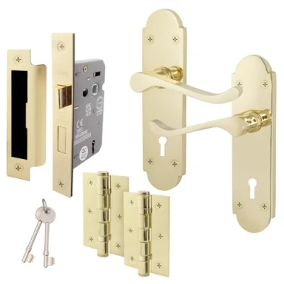 Image of EAI Polished Brass Door Handle Key Lock Set Victorian Scroll Shaped 1 Pair of Internal Handles with Hinges (76mm), Sash (64mm) &amp; Keys