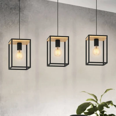 Image of EGLO Pendant lighting Libertad, 3 bulb ceiling light fitting, hanging lamp for dining room made of black metal and natural wood, E27 socket