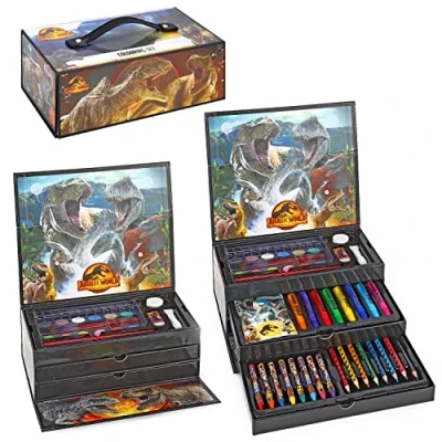 Image of Zawadi Global Jurassic World Kids 52pc Colouring Art Stationery Set with Watercolour Felt Tip Pens Crayons and Pencils Travel for Children