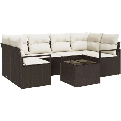 Image of vidaXL 7 Piece Garden Sofa Set with Cushions Brown Poly Rattan