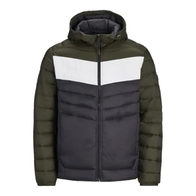 Image of JACK &amp; JONES Mens Puffer Jacket 100% Nylon Quilted Padded Windproof Outdoor for Men, Black Colour, Size XL