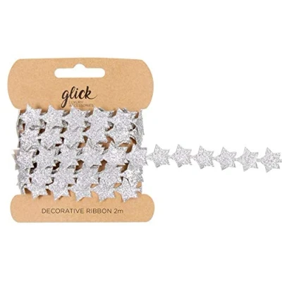 Image of Glick Luxury Ribbon 2 Metres Glitter Stars Silver Gift for Birthday, Christmas, Valentine