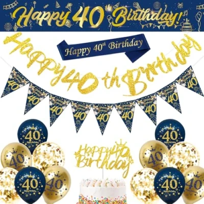 Image of 40th Birthday Decorations Men,Blue Gold Happy Banner,40th Balloons,Bunting Flags,Sash,Cake Toppers for Men Women Blue Party Supplies