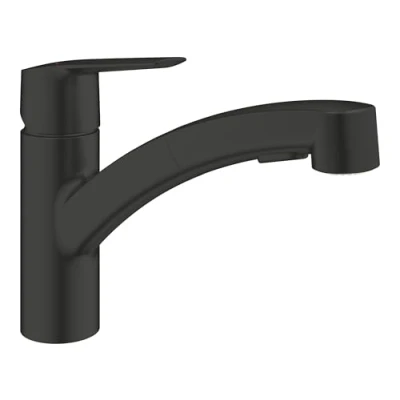 Image of GROHE Start Kitchen Sink Pull Out Dual Spray Mixer Tap (Swivel Area 90, 35 mm Ceramic Cartridge, Switches Between Laminar and Shower Jet, Tails 3/8 Inch), Size 185 mm, Matt Black, 303072431