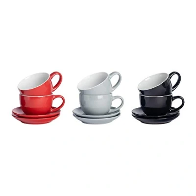 Image of Argon Tableware 12 Piece Coloured Cappuccino Cup &amp; Saucer Set Modern Stoneware Tea Coffee Cups 250ml Lancashire