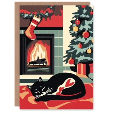 Image of Artery8 Fireplace Decorated Tree Cat Lover Blank For Him Or Her Art Xmas Festive Christmas Card