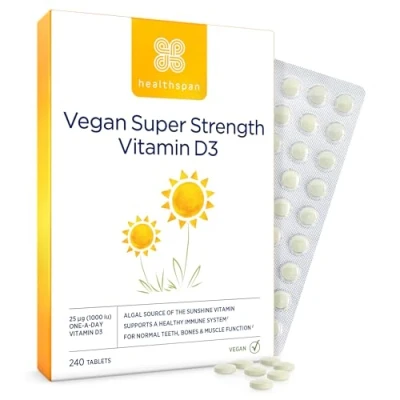 Image of Healthspan Vegan Vitamin D3 1,000iu 240 Tablets Immune Support 25ug D Healthy Muscles, Bones &amp; Teeth