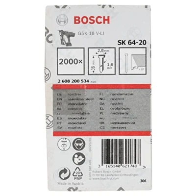 Image of Bosch Professional 2000x Finish Nails SK64 20NR (1.6/16 g 20, 2.8x1.35x38 mm, Stainless Steel, Accessories for Nail Guns)