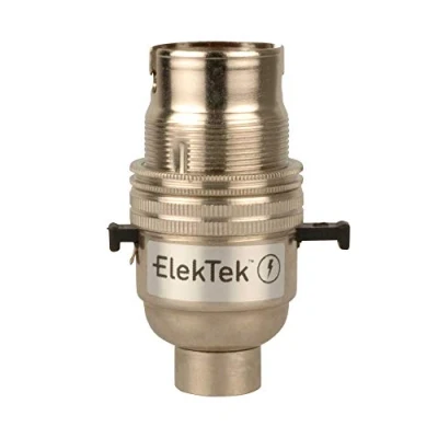 Image of ElekTek Special Safety Switch lamp Bulb Holder B22 BC Bayonet Shade Ring, 10mm/M10 x1 Bottom Entry, Nickel, Child Safe Push Bar Locks Off to Cut Power if not Inserted Made in UK