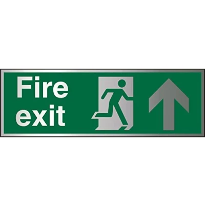 Image of Seco Fire Exit Exit, Man Running Right, Arrow Pointing Up Sign, 300mm x 100mm 1.5mm Brushed Aluminium Composite