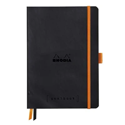 Image of RHODIA 117571C Soft Notebook Bullet Journal Goalbook Black A5 Dotted Dot 240 pages Clairefontaine White Paper 90g 2 Ribbons, Elastic Closure Faux Leather Cover