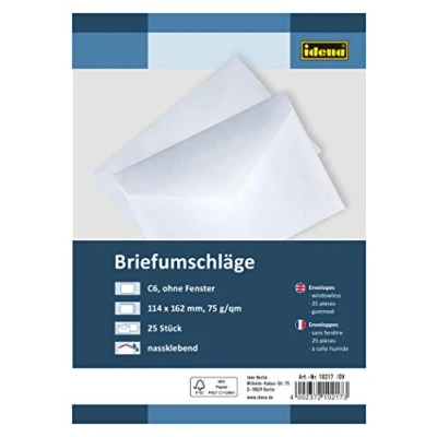 Image of Idena 10217 Envelopes DIN C6, 75 g/m², Gummed Without Window, Pack of 25, White