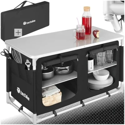 Image of TecTake® Portable Camping Kitchen &amp; Cupboard 4 Shelves, 3 External Pockets, Worktop, Zipped Doors Shelving Unit Outdoor Storage Cabinet Compact, Lightweight Includes Carry Bag Black