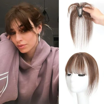 Image of 360 Cover Clip on 3D Wispy Bangs for Women In 100% Real Human Hair Toppers Fake Air Daily Wear (Medium brown, Bangs)