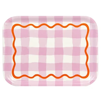 Image of Rectangle Wooden Serving Tray in a pretty Lilac Gingham Checked Design for Afternoon Tea Coffee, Drinks l Food Sandwiches Sustainable Birch wood From Sweden Dishwasher Safe Size: W27cm x H20cm