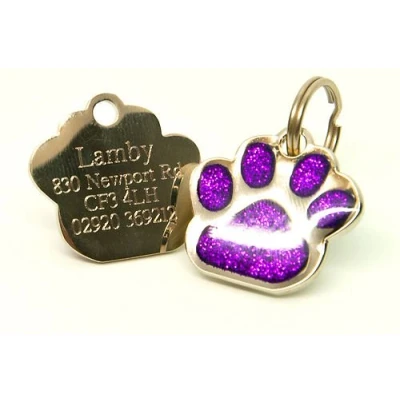Image of County Engraving 27mm Glitter Paw Dog Pet ID Tag Disc (Purple) Enter Your Own Custom Text